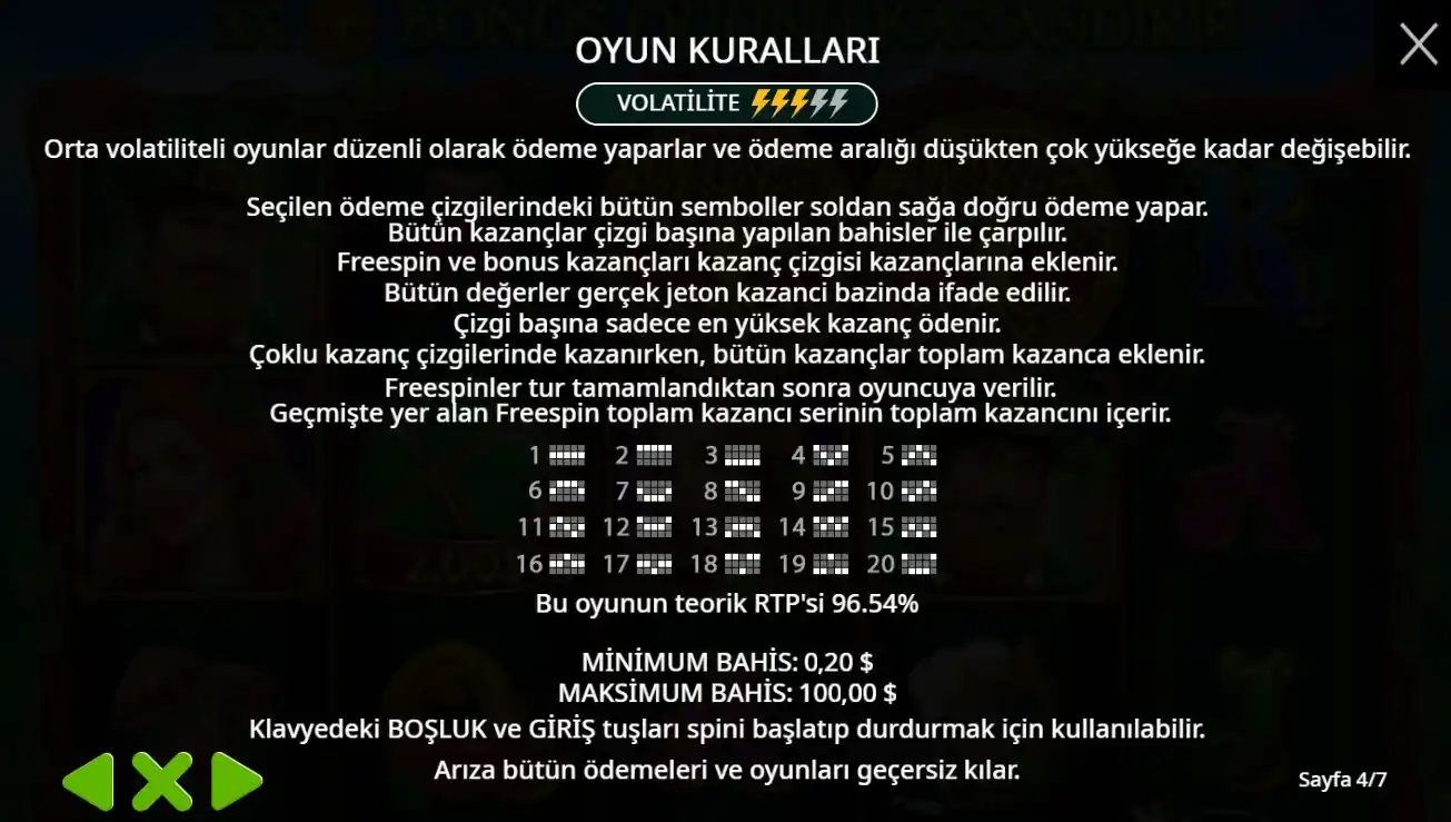 kazanç çarpanları ve minimum bahisleri gösteren oyun talimatları.